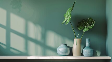 Wall Mural - A modern living room with a dark green wall, light beech floors