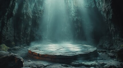 Poster - Geometric Stone Platform in Dark Cave with Ethereal Lighting for Showcase Presentation