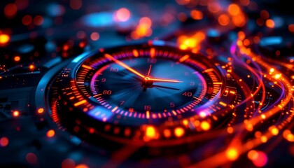 Wall Mural - abstract time concept with glowing clock and swirling lights.