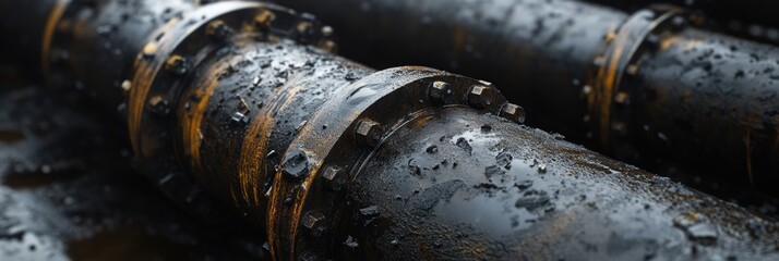Leinwandbilder - Industrial pipes with black oil dripping under dim light in a manufacturing facility. Generative AI