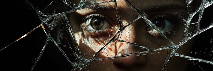 Leinwandbilder - Reflections of fragments revealing a persons face through shattered glass in dim light. Generative AI