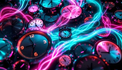 Wall Mural - time concept. abstract clocks with neon lights, time travel, time management, and deadline.