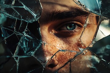 Poster - Fragmented reflections reveal a piercing gaze through shattered glass in a nuanced exploration of identity. Generative AI