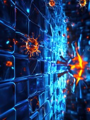 Fototapete - Glowing wall effectively deflects viruses in a high tech environment. Generative AI