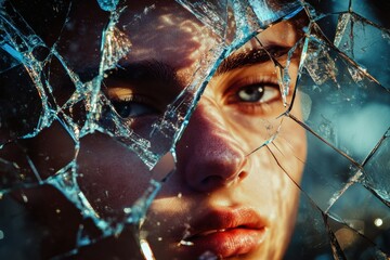 Poster - Shattered glass reflects fragmented parts of a persons face in a striking display of emotion and identity exploration. Generative AI