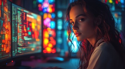 Aufkleber - Female Programmer Working on Software Development in Modern Office with Dual Monitors and Stained Glass Windows