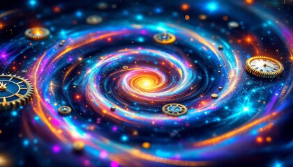 Wall Mural - time travel concept, spiral galaxy, abstract cosmic background with clock and stars.