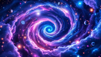 Wall Mural - time travel concept, spiral galaxy, space, stars, and clocks. abstract cosmic background.