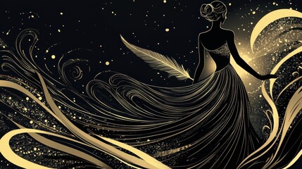Canvas Print - Elegant Woman In Gold Gown With Feather Detail
