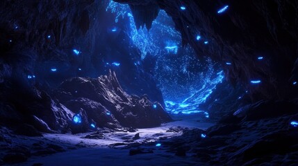 a breathtaking cave with glowing bioluminescent fungi covering the walls, casting a magical blue lig