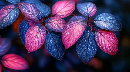 Wall Mural - Vibrant pink and blue leaves with water droplets.