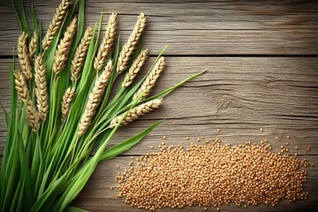 Poster - Wheat stalks and grains on wood.  Food photography for recipe blogs or packaging