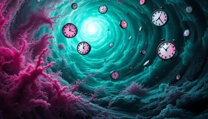 Wall Mural - time vortex with flying clocks, concept of time travel, deadline, and time management.