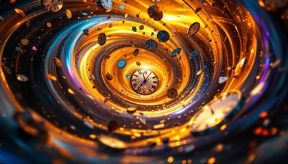 Wall Mural - time vortex with flying clocks, concept of time travel, deadline, and time management.