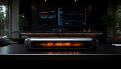 Poster - Futuristic device, home office, data screen, glowing