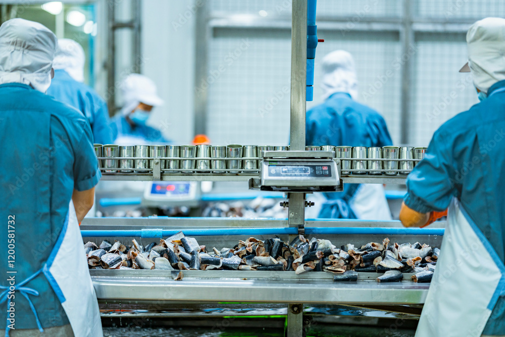 Fish Worker Workers processing fish on an industrial conveyor line in a modern food ...