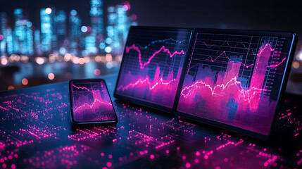 Poster - Night city, stock market graphs, phone, tablet analysis