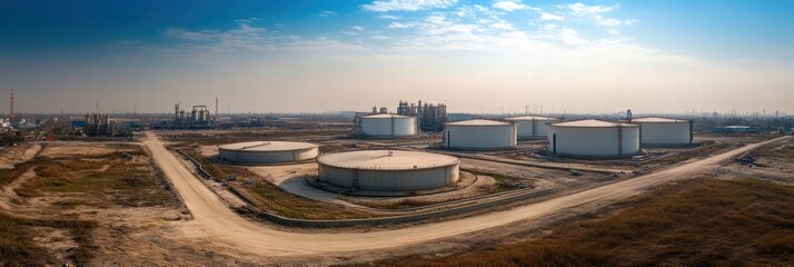Poster - Industrial landscape featuring large oil storage tanks under a clear blue sky in a refinery area. Generative AI