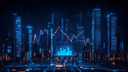 Poster - Night city digital stock market graph