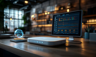 Poster - Modern network device, data graphs, cafe background