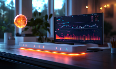 Poster - Futuristic office, crypto trading, glowing device, night