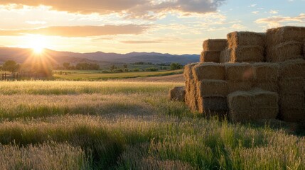 Aufkleber - Golden sunlight shines over hay bales in a serene rural landscape at sunset. Generative AI