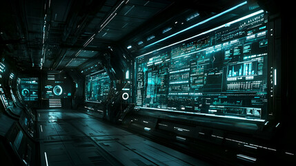 Poster - Futuristic spaceship corridor displays data