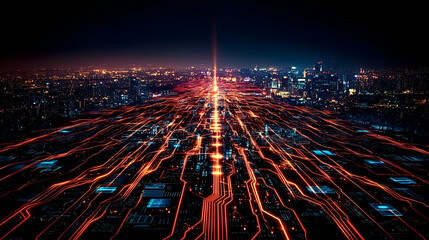 Poster - Cityscape Circuitry Data Flow, Night