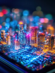 Fototapete - Tiny cityscape emerges from a glowing smartphone screen in a vibrant urban night setting. Generative AI