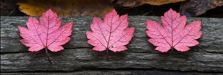 Wall Mural - Three pink autumn leaves on wood; fall background