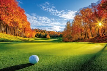 Canvas Print - golf ball rests on a lush green, framed by vibrant autumn foliage. perfect for websites, travel broc