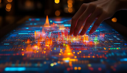 Poster - Hand interacts with digital city data display
