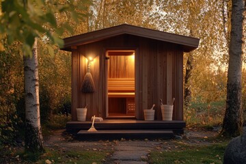 Aufkleber - Traditional wooden sauna nestled among trees during autumn sunset for relaxation and wellness. Generative AI