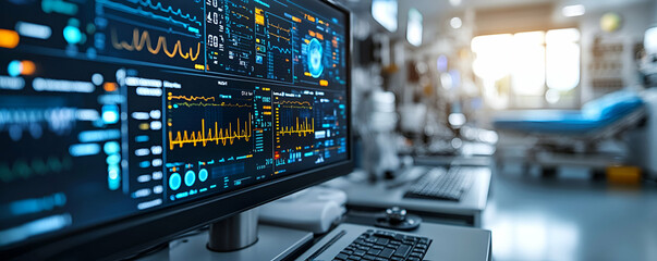 Poster - Hospital monitor displays patient data; blurry background