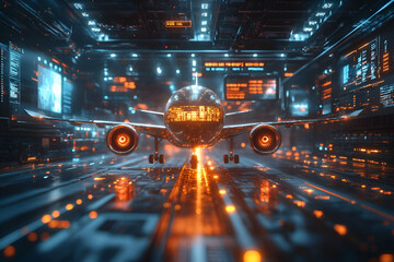 Poster - futuristic aircraft hangar takeoff, digital screens