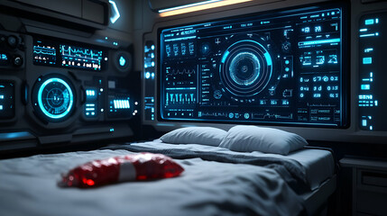 Poster - Futuristic bedroom, medical bag, spaceship, screen, sleep