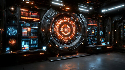 Poster - Futuristic control room, glowing interface, dark background, sci-fi design