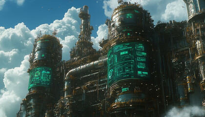 Poster - Futuristic factory, sky, data screens, clouds, processing