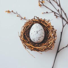 a simple bird's nest crafted from twigs, holding a single speckled egg, exuding natural elegance and rustic charm.