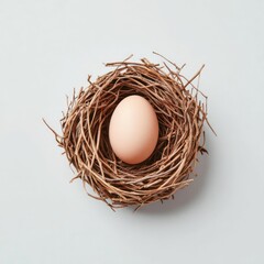 a simple bird's nest crafted from twigs, holding a single speckled egg, exuding natural elegance and rustic charm.