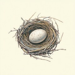 a simple bird's nest crafted from twigs, holding a single speckled egg, exuding natural elegance and rustic charm.