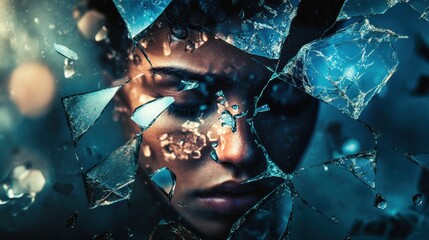 Aufkleber - Shattered reflections of a persons face in broken glass capturing fragmented beauty and emotion in a dimly lit space. Generative AI