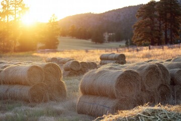 Aufkleber - Golden sunlight illuminates hay bales on a serene countryside landscape at sunset. Generative AI