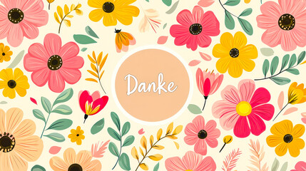 Wall Mural - Floral pattern with vibrant colors featuring the German word danke in a central circle