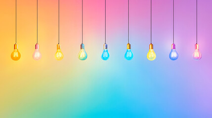 Leinwandbilder - Colorful light bulbs hang against a vibrant rainbow background creating an artistic visual display