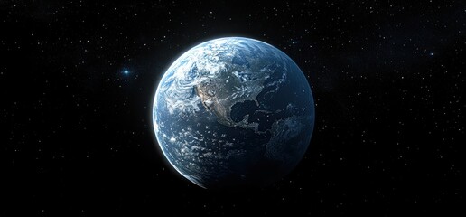 Wall Mural - Hyper-realistic illustration of Earth in space with stars and galaxies during sunrise