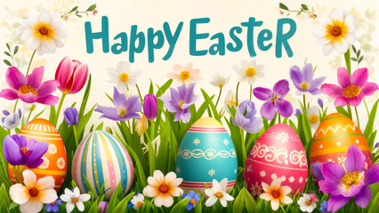 Poster - Colorful Easter eggs display amidst vibrant flowers celebrating the joy of spring festivities