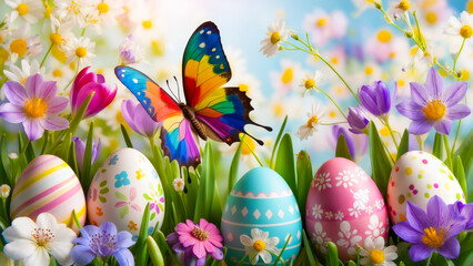 Poster - Colorful butterfly visits decorated eggs in a vibrant spring garden filled with blooming flowers
