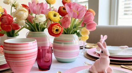 Poster - Spring table setting with vibrant flowers and playful decorations for a festive gathering