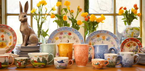 Poster - Colorful display of decorative ceramics and flowers on a sunny table in a cozy setting